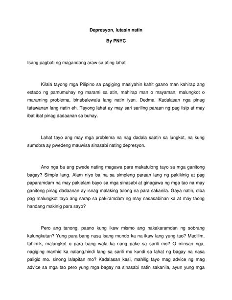 sanaysay tungkol sa depresyon